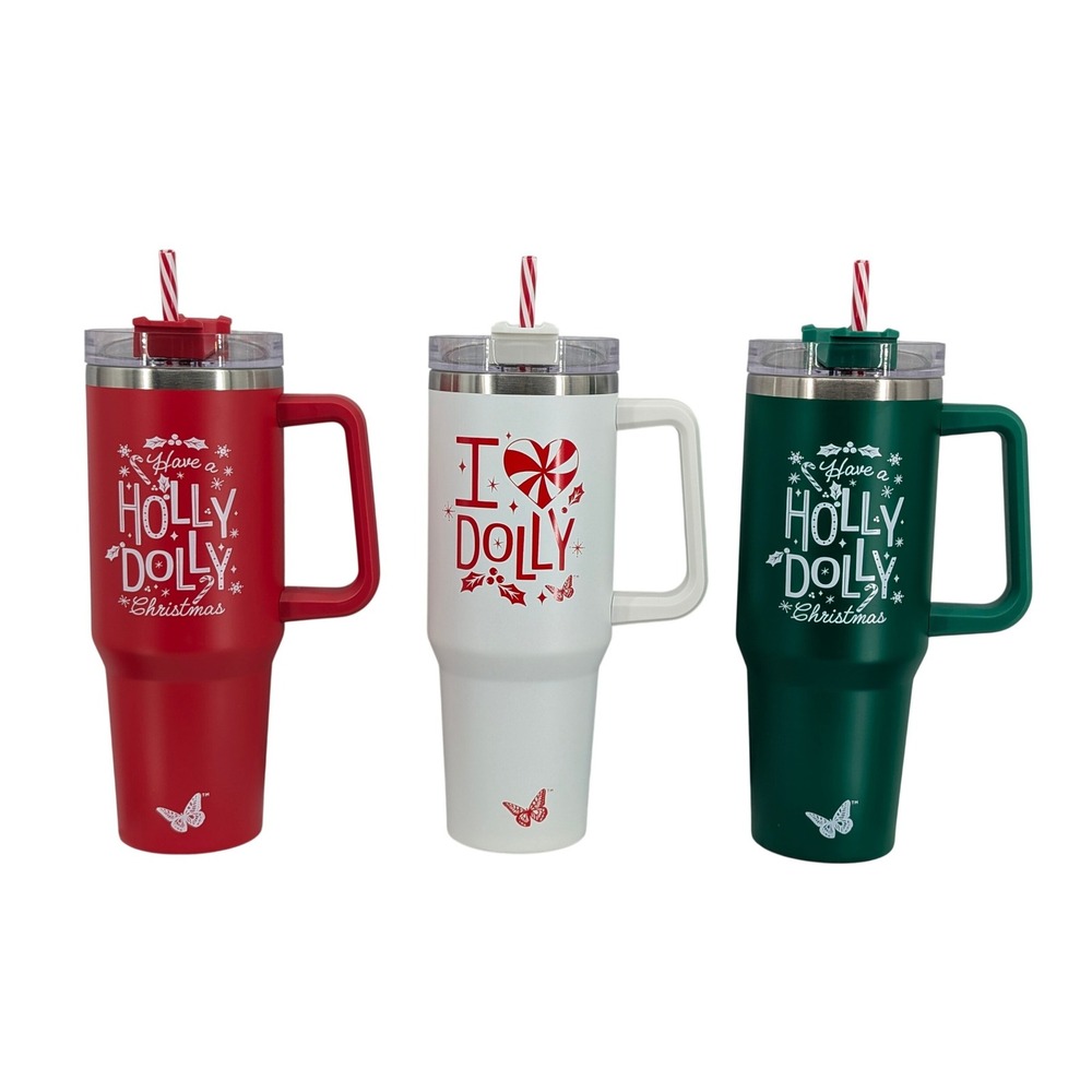 3 Dolly Parton 40oz Tumblers With Handle Christmas Holly‎ Jolly Stainless Steel